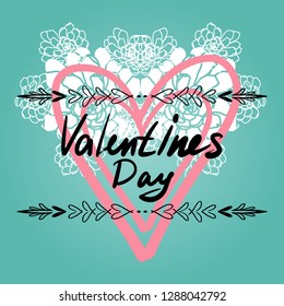 Vector illustration. Hand drawn elegant modern brush lettering of Happy Valentines Day on hearts background