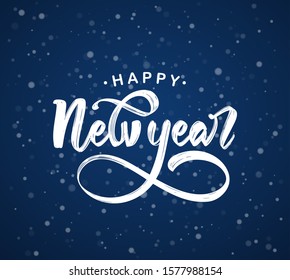 Vector illustration. Hand drawn elegant modern brush lettering of Happy New Year on dark blue snowflakes background.