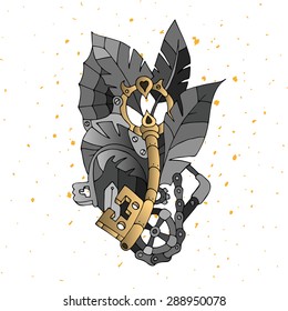 Vector illustration with hand drawn elements steam-punk and technological details. For printing, posters, web design.