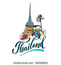 A vector illustration of hand drawn elements for traveling to Thailand, concept Travel to Thailand. Lettering logo 