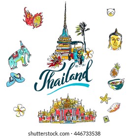 A vector illustration of hand drawn elements for traveling to Thailand. Lettering logo