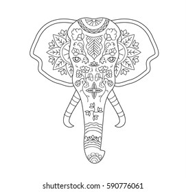 Vector illustration hand drawn elephant with indian tradition pattern for adult coloring book. Elephant print with floral ornate for anti stress book or for t-shirt 