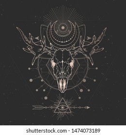 Vector illustration with hand drawn Elk skull and Sacred geometric symbol on black vintage background. Abstract mystic sign. Gold linear shape. For you design and magic craft.