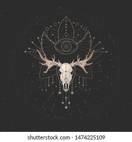 Vector illustration with hand drawn Elk skull and Sacred geometric symbol on black vintage background. Abstract mystic sign. Gold linear shape. For you design and magic craft.