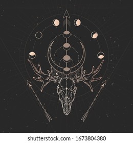 Vector illustration with hand drawn Elk skull and Sacred geometric symbol on black vintage background. Abstract mystic sign. Gold linear shape. For you design and magic craft.