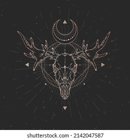 Vector illustration with hand drawn Elk skull and Sacred geometric symbol on black vintage background.  Gold linear shape. 