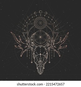 Vector illustration with hand drawn Elk skull and Sacred geometric symbol on black vintage background. Abstract mystic sign. Gold linear shape.