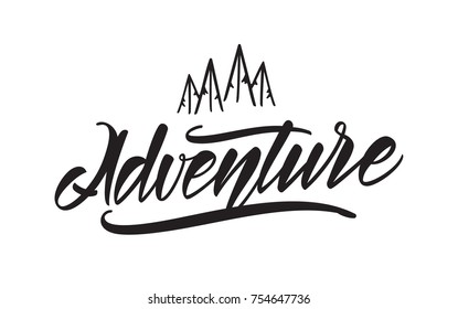 Vector illustration: Hand drawn emblem with pine forest and handwritten lettering of Adventure 