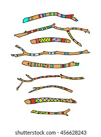 Vector illustration of hand drawn ethnic colored sticks. Beautiful ethnic design elements.