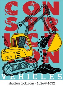 Vector illustration of hand drawn excavator on typography background