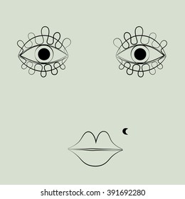 vector illustration of hand drawn face, with beauty mark, in black, on light green background