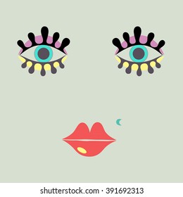 vector illustration of hand drawn face, with beauty mark and colorful makeup, on light green background