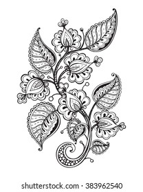 Ilustración vectorial de flor trenzada a mano y hojas. Gráficos en blanco y negro para tatuajes, impresos, colorantes. Aislado sobre fondo blanco.