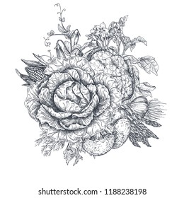 Vector illustration of hand drawn vector farm vegetables in sketch style. Beautiful organic bouquet composition. Broccoli, onion, cabbage, pepper, asparagus, corn. Graphic vegetarian objects 