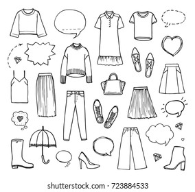 Vector illustration of hand drawn fashion collection with women's clothing on white background