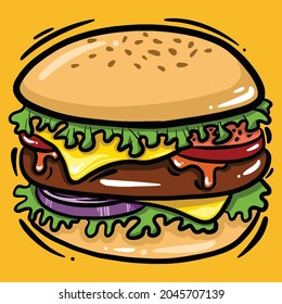 vector illustration of hand drawn fast food hamburger, burger, cheeseburger