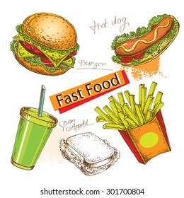 The vector illustration "hand drawn illustration fast food" for design