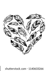 Vector illustration of hand drawn feathers in a heart shape. Invitation template, textile design, poster, banner, background. 