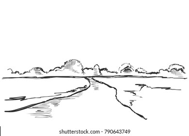 Vector illustration. Hand drawn fields sketch landscape with road and tree. Line design.