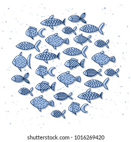 vector illustration. hand drawn fish in circle composition