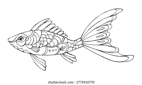 Vector Illustration of hand drawn fish. Black and white vector illustration for coloring book. Beautiful drawings with patterns and small details.