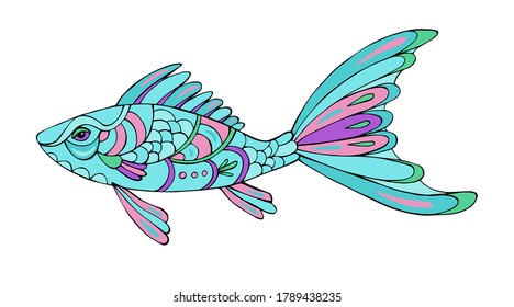 Vector Illustration of hand drawn fish. Beautiful drawings with patterns and small details.