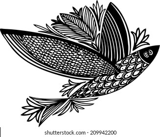 Vector illustration with hand drawn with fish with wings and flowers