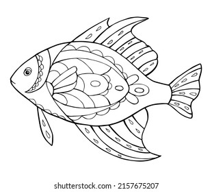 Ilustración vectorial de los peces dibujados a mano. Ilustración vectorial en blanco y negro para el libro de colorear. Bonitos dibujos con patrones y pequeños detalles.