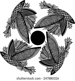 Vector illustration with hand drawn fish with wings and flowers