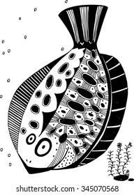 Vector illustration. Hand drawn fish, seaweed. Isolated. Doodle sketch.