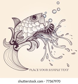 vector illustration of  a hand drawn fish with bubbles  and fantasy plants