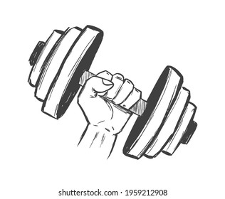 Vector illustration: Hand drawn fist with big dumbbell. Sketch Design. Gym emlem