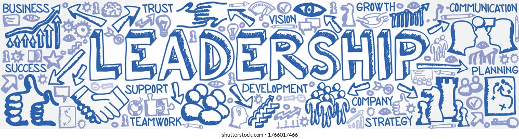 Ilustración vectorial de un grupo de íconos planos dibujados a mano con el concepto de Liderazgo, Confianza, Apoyo, Visión, Desarrollo y Trabajo en Equipo