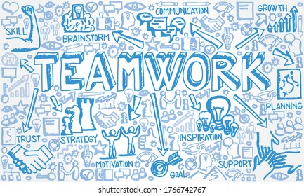 Vector illustration of hand drawn flat icon group with Teamwork, Growth, Trust, Strategy and Motivation concept