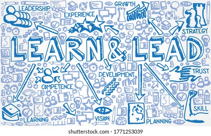 Vector illustration of hand drawn flat icon group with Learn & Lead, Leadership, Learning, Competence, Growth, Vision snd Development concept