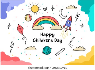 vector illustration hand drawn flat design children's day with rocket, rainbow, kite, earth, pencil, and clouds