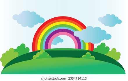 vector illustration hand drawn flat design children's day with rocket, tree rainbow, earth, sky, and clouds