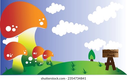 vector illustration hand drawn flat design children's day with rocket, tree rainbow, earth, sky, and clouds