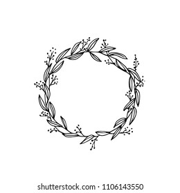 Vector illustration of hand drawn floral wreath. Ink drawing, graphic style, beautiful wedding design element
