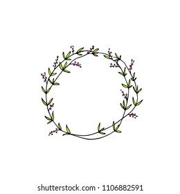 Vector illustration of hand drawn floral wreath. Ink drawing, graphic style, beautiful wedding design element