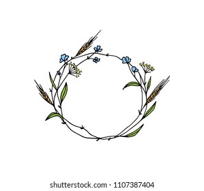 Vector illustration of hand drawn floral wreath. Ink drawing, graphic style, beautiful wedding design element