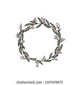 Vector illustration of hand drawn floral wreath. Ink drawing, graphic style, beautiful wedding design element