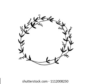 Vector illustration of hand drawn floral wreath. Ink drawing, graphic style, beautiful wedding design element