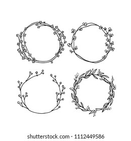 Vector illustration of hand drawn floral wreath set. Ink drawing, graphic style, beautiful wedding design elements