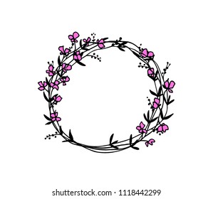 Vector illustration of hand drawn floral wreath. Ink drawing, graphic style, beautiful wedding design element