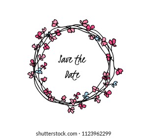 Vector illustration of hand drawn floral wreath. Ink drawing, graphic style, beautiful wedding design element