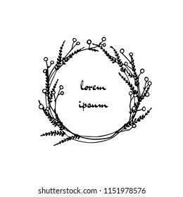 Vector illustration of hand drawn floral wreath. Ink drawing, graphic style, beautiful wedding design element