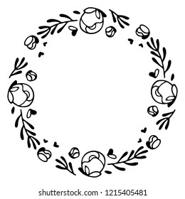 Vector illustration of hand drawn floral wreath. Ink drawing, graphic style, beautiful wedding design element