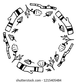 Vector illustration of hand drawn floral wreath. Ink drawing, graphic style, beautiful wedding design element
