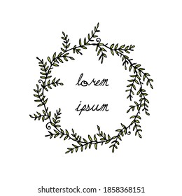 Vector illustration of hand drawn floral wreath. Ink drawing, wild nature elements, graphic style. Beautiful wedding or greetings design element